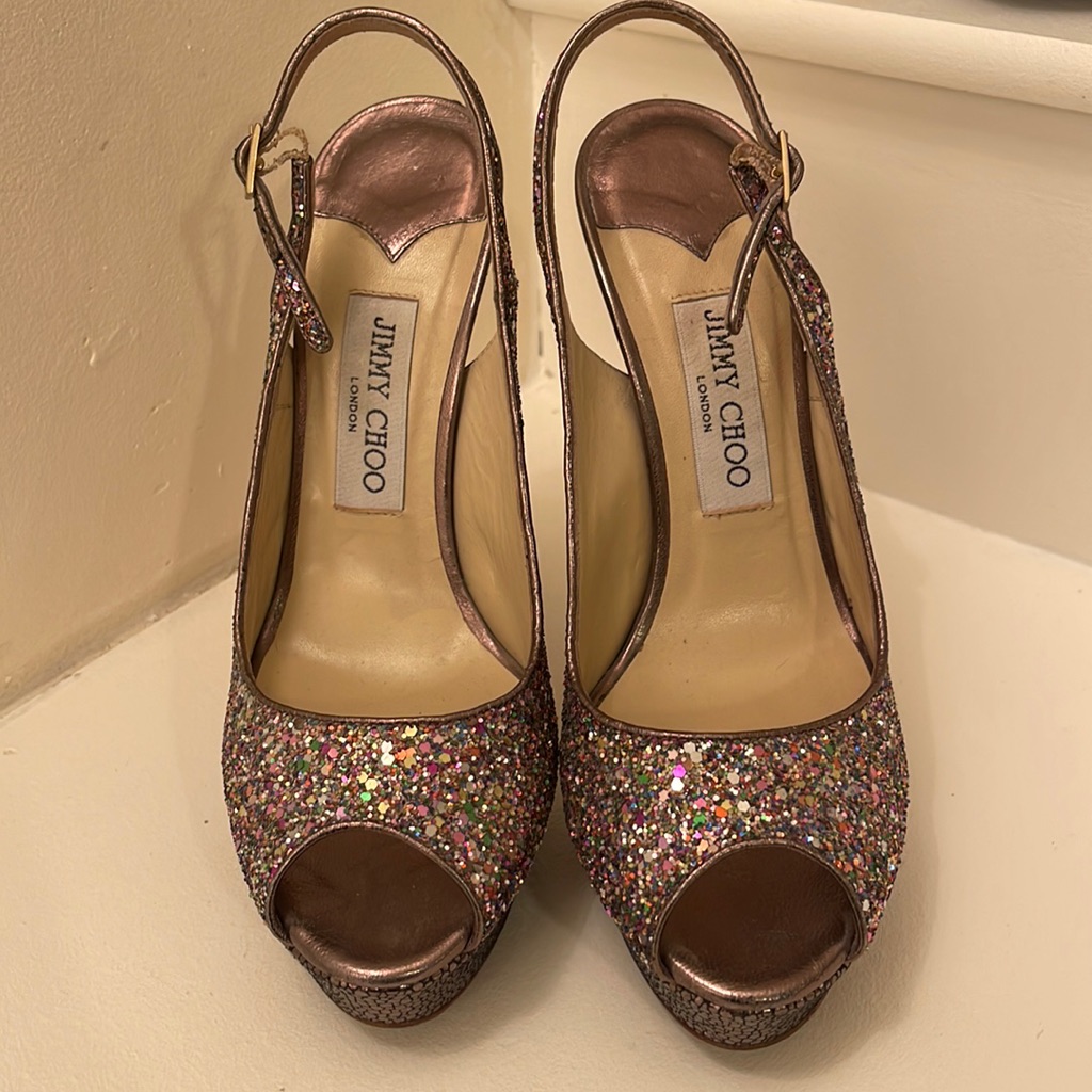 Jimmy Choo Rainbow Glitter Peek Toe Sling Back Platform Heels